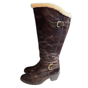 Born Gira Dark Brown Leather Winter Boots with Canoe Shearling Trim